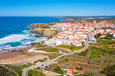 High angle view of beach against clear sky