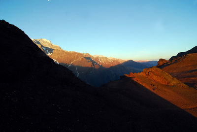 Scenic view of mountains against clear blue sky