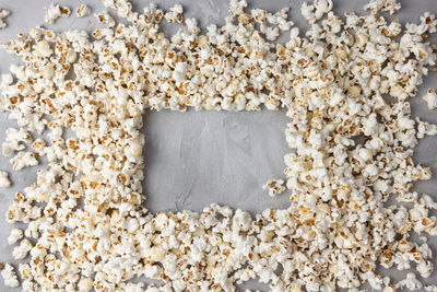 Popcorn mockup on gray background. top view, copy space