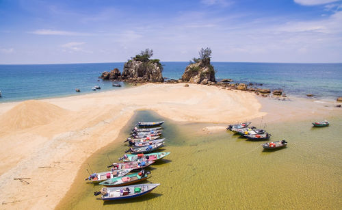 High angle view of boats at calm sea