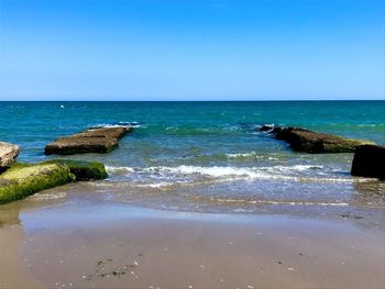 Scenic view of sea against clear blue sky