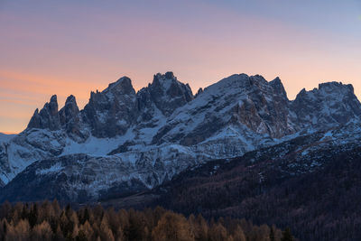 Scenic view of snowcapped mountains against sky during sunset