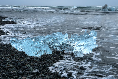 Scenic view of seashore - black sand with ice on the beach from a glacier in iceland - diamond beach