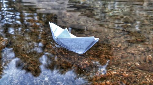 High angle view of paper floating on water