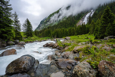 Scenic view of waterfall in forest against sky