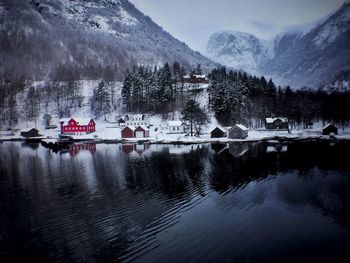 Scenic view of lake and mountains against sky