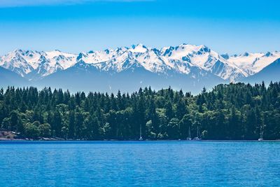 Scenic view of lake against mountains during winter