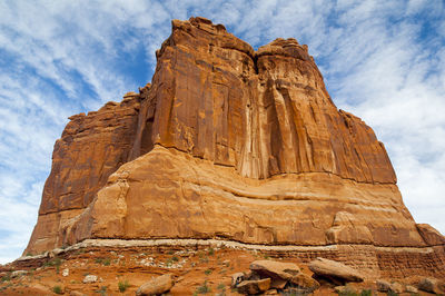 Low angle view of rock formation against sky at national arches park in utah