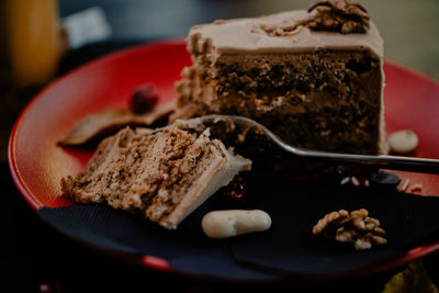 Close-up of chocolate cake in plate