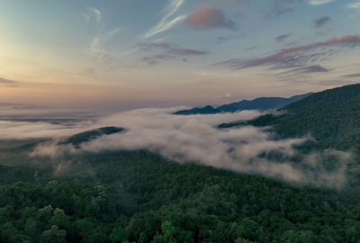 Aerial view of landscape against sky during sunset