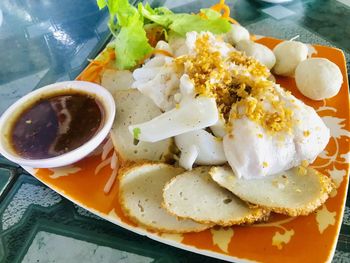 High angle view of breakfast served on table