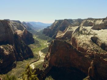 Panoramic view of mountains against clear sky