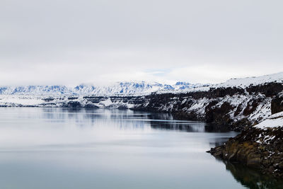 Scenic view of lake by snowcapped mountain against sky