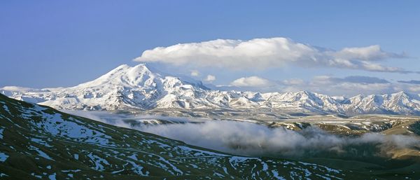 Scenic view of snowcapped mountains against sky