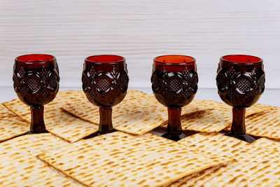 Close-up of wine glasses on table