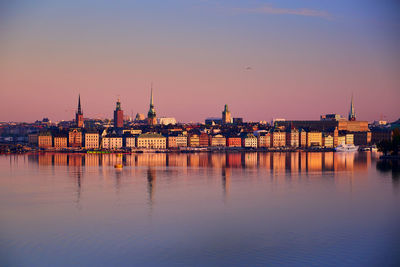 Scenic view of harbor against sky during sunset