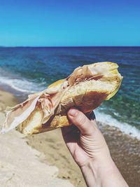 Midsection of person holding italian sandwich on beach