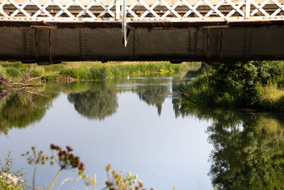 Reflection of bridge on lake against sky