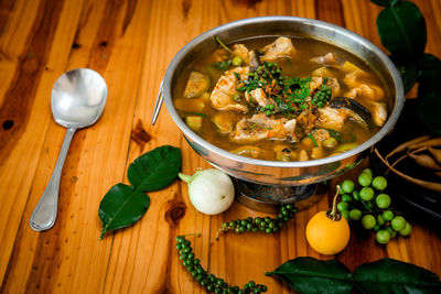 High angle view of soup in bowl on table