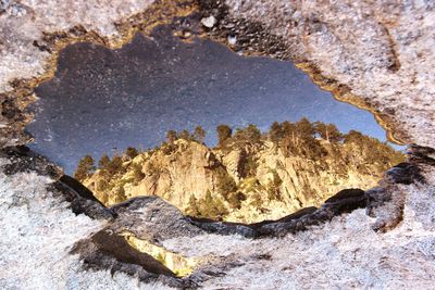 Reflection of rock formations in puddle