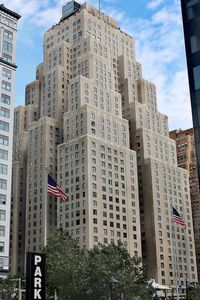 Low angle view of skyscraper at the rockefeller center in new york. 