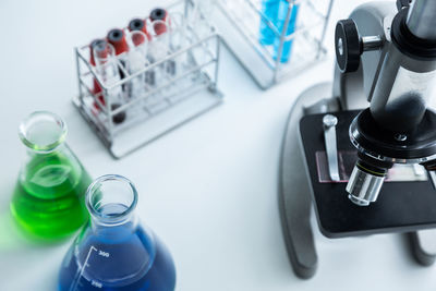 High angle view of bottles on table