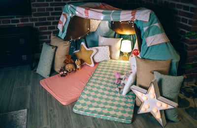 Diy tent decorated and prepared for pajama party