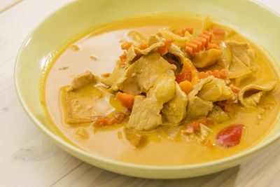 High angle view of meal served in bowl on table