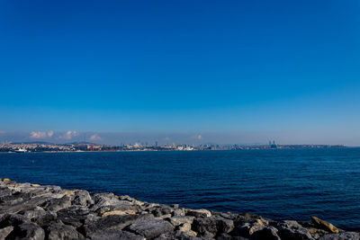 Scenic view of sea against clear blue sky