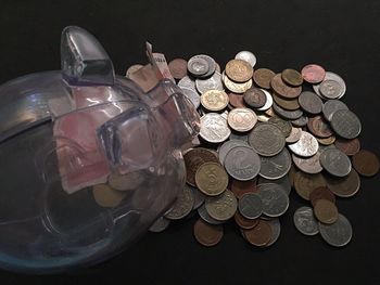 High angle view of coins