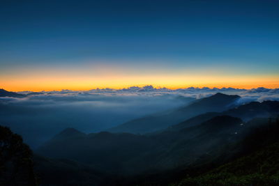 Scenic view of mountains against sky during sunset