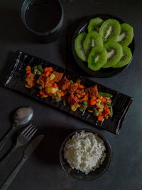 High angle view of vegetables in plate on table