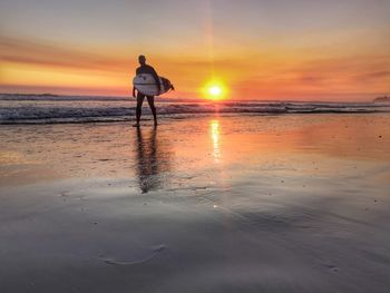 Rear view of man standing on beach during sunset