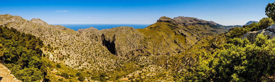 Panoramic view of rocks and mountains against sky