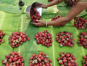 High angle view of fruits for sale in market