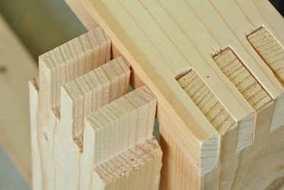 High angle view of wooden planks at workshop