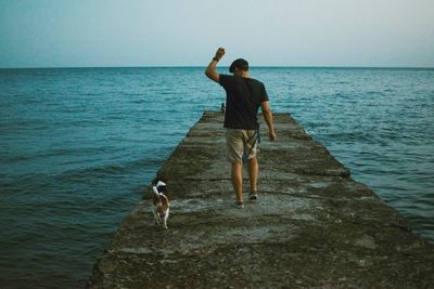 Rear view of man with dog walking on pier by sea against sky