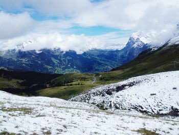 Scenic view of mountains against sky during winter