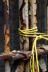 Close-up of rope tied on rusty metal