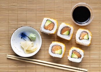 Directly above shot of sushi served on plate