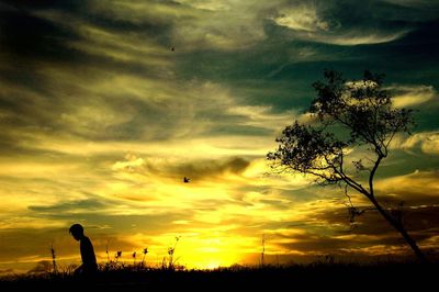 Silhouette of trees on landscape against cloudy sky