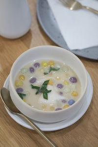 High angle view of soup in bowl on table