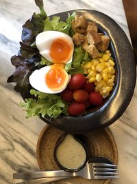 High angle view of breakfast on table
