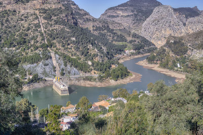 High angle view of river and mountains