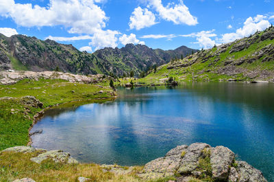 Scenic view of lake and mountains against sky