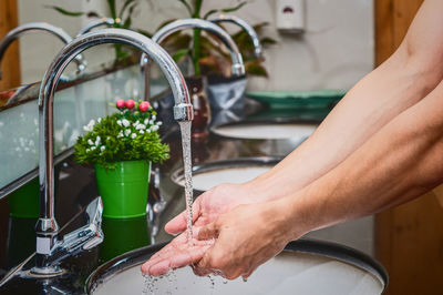 Midsection of woman holding potted plant in kitchen