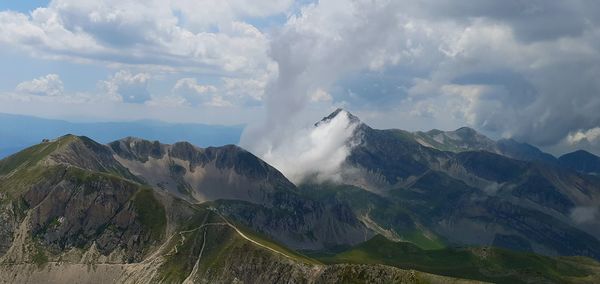 Panoramic view of snowcapped mountains against sky