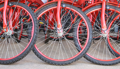 High angle view of bicycle wheel on street