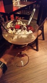 High angle view of ice cream in bowl on table