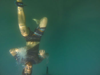 Upside down image of man swimming in sea